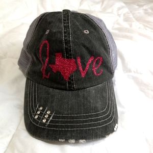 Oh Sew Peachy Hat Cap I Love TEXAS Black Denim Pink Glitter